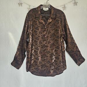Vintage Artsy Size Large Metallic Bronze Silk Button Up Top Bold Holiday 80s 90s